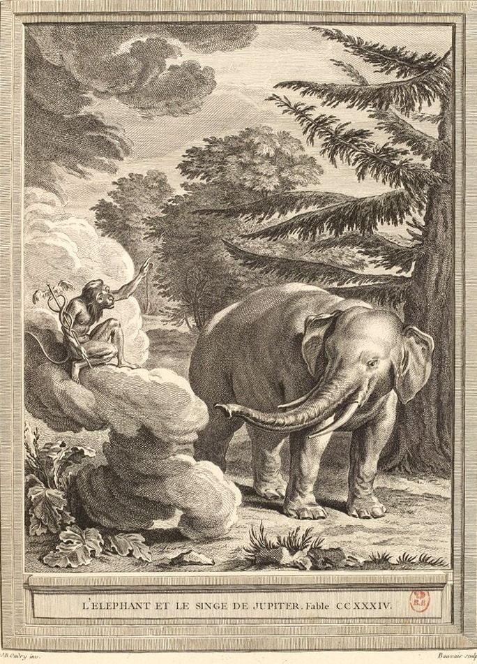 Gravure L'éléphant et le singe